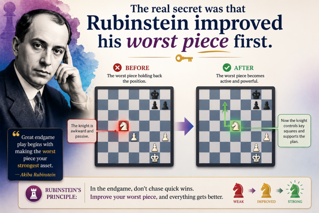 One of the most common mistakes in chess is moving the same active piece again and again. It feels fun because that piece is doing something. But Rubinstein often did the opposite. He looked for the piece that was not helping. Then he fixed it.