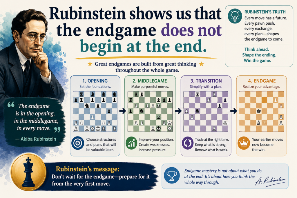 Most new players think the endgame starts when queens leave the board. Rubinstein did not think that way. For him, the endgame began much earlier. It began when he chose his opening. It began when he moved a pawn. It began when he traded one bishop for one knight.