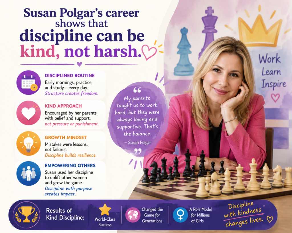 Some people hear the word discipline and think it means pressure, fear, or long hours with no joy. Susan Polgar’s story gives us a better way to think about it. Discipline can simply mean showing up often, learning with care, and doing the next right thing. It can mean building good habits in a loving setting.