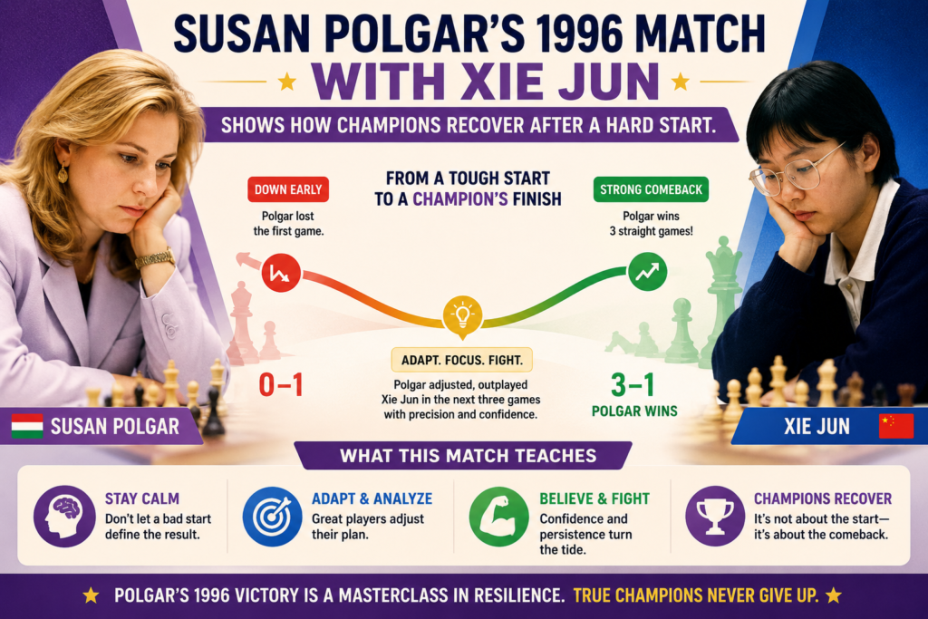 Susan Polgar’s Women’s World Championship match against Xie Jun in 1996 is one of the best places to study her fighting spirit. She did not win because every game was easy. In fact, she lost the first game of the match. For many players, that kind of start can shake the mind.