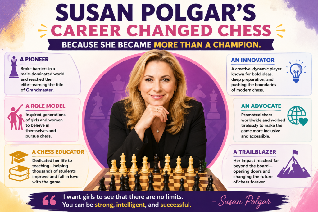 Some champions win titles and then stay in the record books. Susan Polgar did more. She became a teacher, coach, writer, and promoter of chess. Her official biography says she founded the Susan Polgar Foundation to promote the educational, social, and competitive benefits of chess, especially for young people and girls.