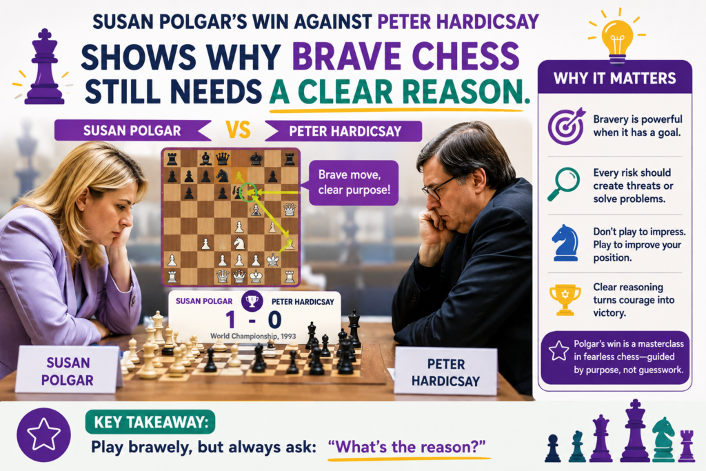 One of Susan Polgar’s most famous early games came against Peter Hardicsay in 1985. This game is often shared because it looks bold and sharp, but the real beauty is not only the attack. The real beauty is that Susan’s risky-looking play had logic behind it.
