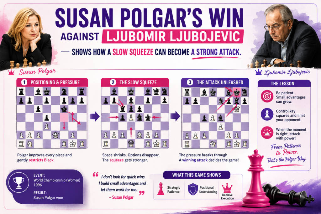 Susan Polgar’s 1987 win against grandmaster Ljubomir Ljubojevic is a wonderful game for students because it does not feel like one sudden trick. It feels like pressure building in waves.
