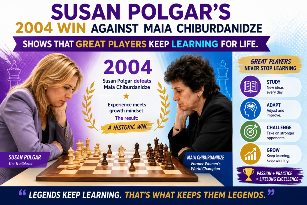 Susan Polgar’s 2004 win against Maia Chiburdanidze is special because it came many years after Susan had already become a world champion. That matters. It shows that great chess players do not stop thinking deeply after one big success.