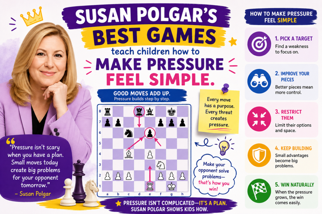 A lot of young players think pressure means attacking the king right away. They want checks. They want captures. They want the game to end fast. Susan Polgar’s games teach a smarter idea.