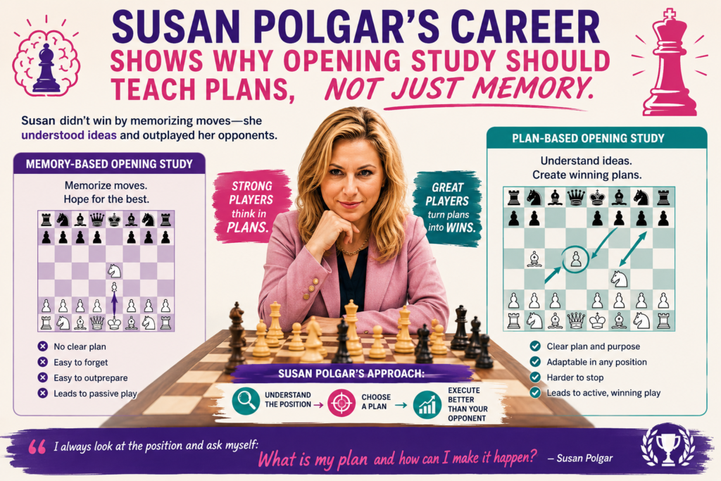 Many students hear the word “opening” and think they must memorize many moves. That can make chess feel dry and scary. Susan Polgar’s games show a better way. The opening is not just a memory test. It is the start of a plan.