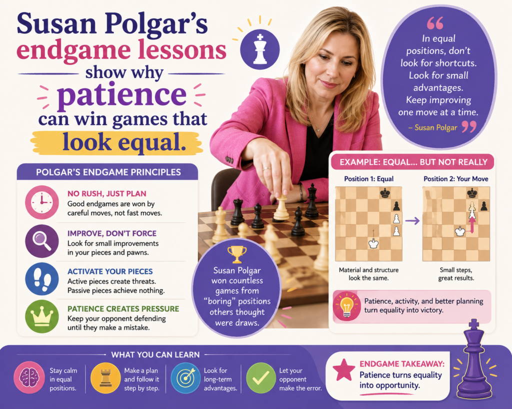Many children love the opening and middle game, but they do not give enough care to the endgame. This is normal. Endgames can look quiet. There are fewer pieces. The board feels empty. But Susan Polgar’s career reminds us that champions respect every stage of the game.