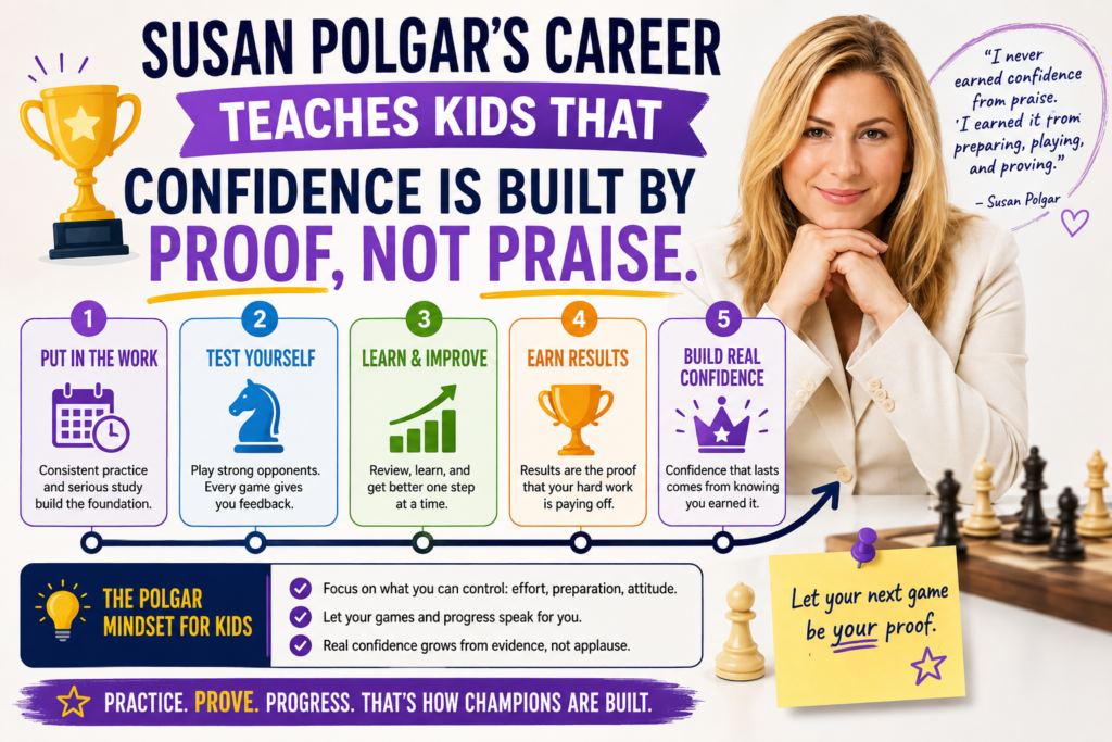 Confidence is a big word, but for children it starts in a very small way. A child thinks, “I tried something hard, and I got a little better.” That feeling is stronger than empty praise. Susan Polgar’s career is full of this kind of proof.