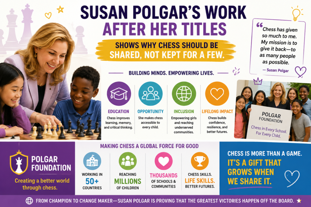 A champion can keep the spotlight for herself, or she can use it to open doors. Susan Polgar chose the second path. Her work after her major titles is a big part of why her legacy matters. She became known not only as a player, but also as a teacher, coach, author, and builder of chess programs for young people.