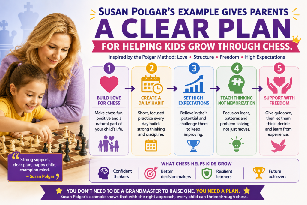 Susan Polgar’s life can feel very big, but the lessons for parents are clear and simple. You do not need to raise a world champion to use chess well. You need to help your child build better thinking habits.