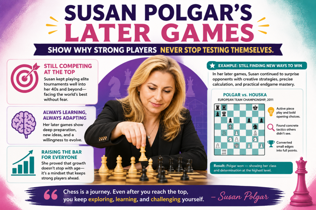 Susan Polgar’s career did not end with one title, one record, or one famous match. That is one reason her story is so useful for young students. She kept playing serious games, sharing chess, coaching teams, and helping young people learn.