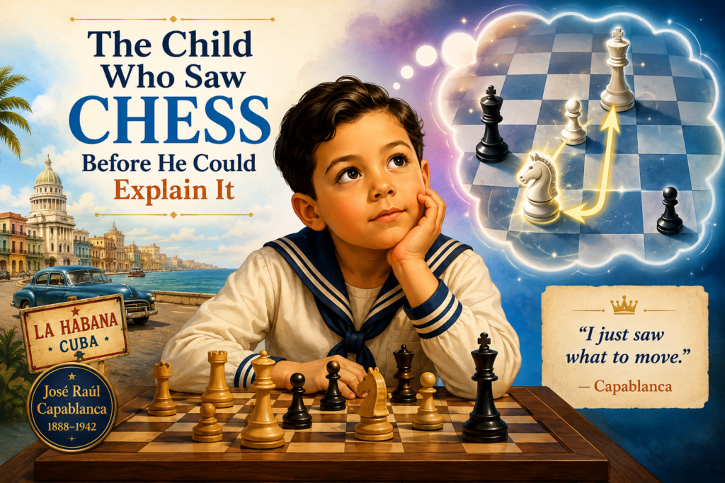 Capablanca’s chess story sounds almost like a movie. He learned the game when he was very young by watching his father play. Most children at that age are still learning how to sit still. Capablanca was already seeing patterns on the board.