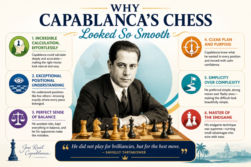 Capablanca was called the “chess machine” by many people because he made so few mistakes. But that name can feel a little cold. His chess was not just machine-like. It was graceful.