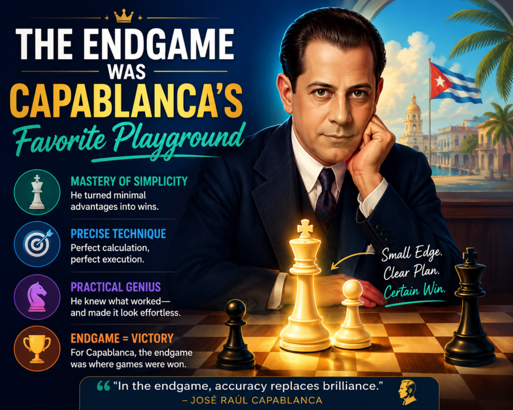 Many players feel nervous when the board gets empty. Capablanca seemed to feel at home. When pieces came off, he became even more dangerous.