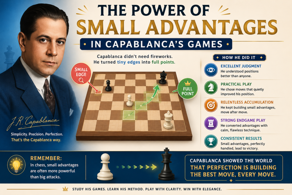 Capablanca was not always trying to checkmate quickly. In many games, he won by building tiny advantages until they became too big to stop.