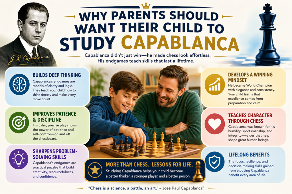 Some chess players are exciting because they attack. Some are famous because they create wild positions. Capablanca is special because he teaches clean thinking.