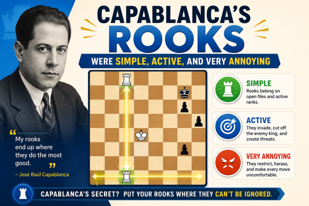 Capablanca made rook endgames look clear. His rooks were rarely trapped. They were active. They attacked pawns. They cut off the enemy king. They moved behind passed pawns. They kept checking from safe places when needed.