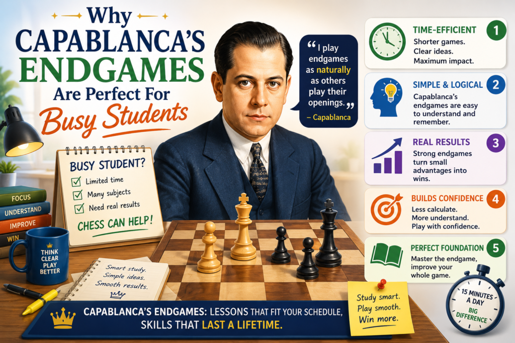 Some chess study feels heavy. Long opening lines can feel like school homework. Sharp tactics can feel fun, but also stressful when the answer is hidden. Endgames can seem boring at first, but Capablanca changes that.