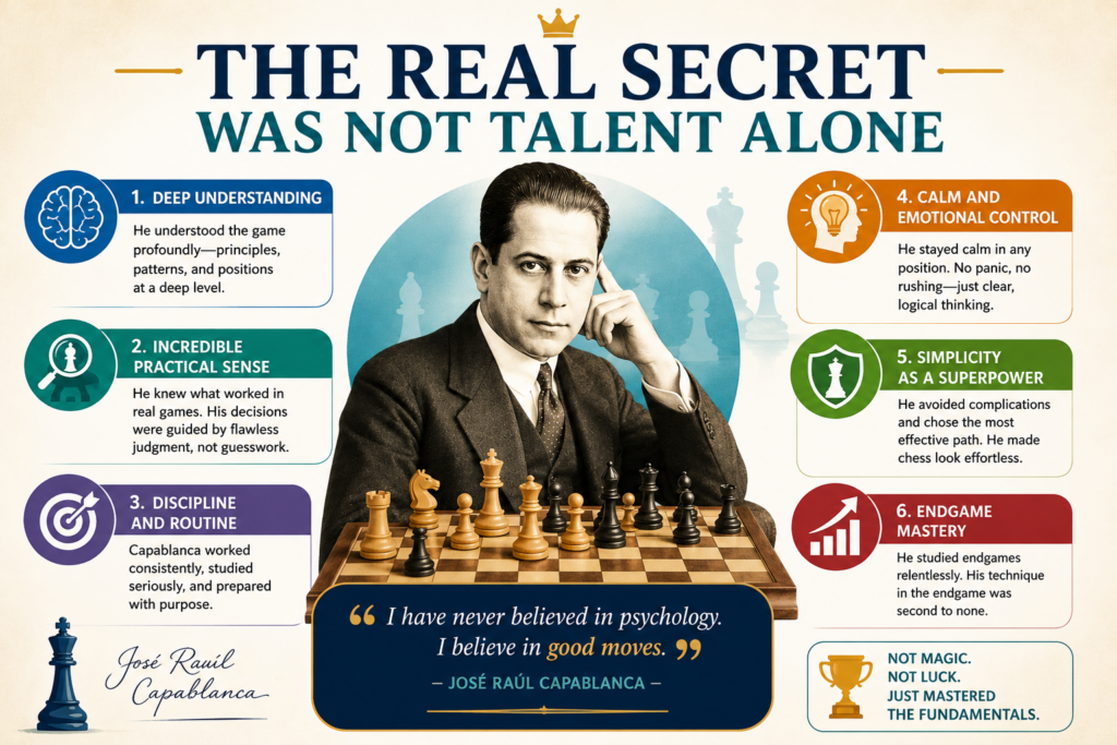 The deeper lesson is that his chess was built on clear habits. He improved his pieces. He used his king. He respected pawns. He traded with purpose. He stayed calm. He made simple moves that carried deep meaning.