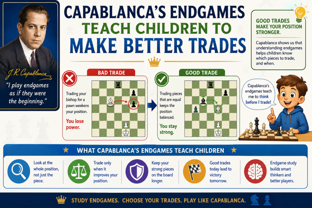 Trading is one of the biggest turning points in chess. A single trade can make your position easy to win, hard to hold, or suddenly lost. That is why Capablanca’s games are so useful. He traded with meaning.