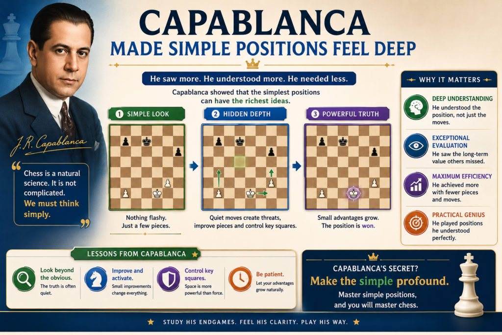 To a beginner, a board with a few pieces left may look boring. To Capablanca, it was full of small clues. Which king is closer? Which pawn is weak? Which rook is active? Which side can create a passed pawn? Which trade leads to a winning ending?
