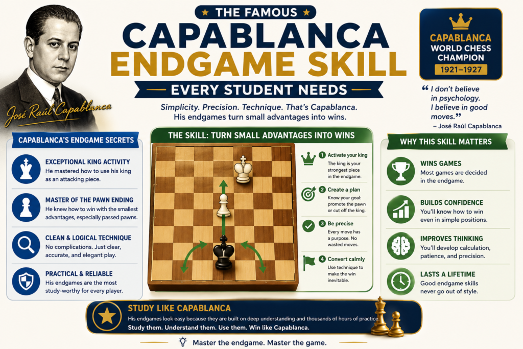 One of Capablanca’s strongest skills was turning a small edge into a clear win. This is where many students struggle. They get a better position, but they do not know what to do next. They keep moving pieces around until the advantage disappears.