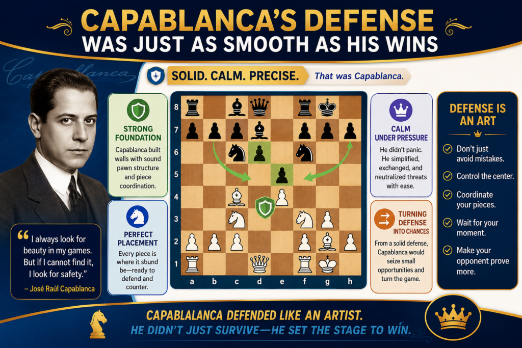 When people talk about Capablanca, they often talk about his wins. But his defense was also amazing. He knew how to stay calm in worse positions. He did not panic. He did not make desperate moves. He looked for activity, safe squares, and practical chances.