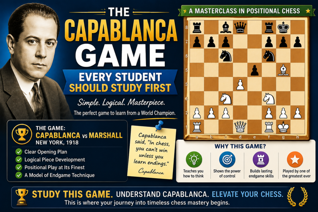 One of the best Capablanca endgames for students is his famous game against Savielly Tartakower in New York, 1924. You do not need to know every move by heart to learn from it. The real value is in the way Capablanca slowly turns a small edge into a clean win.