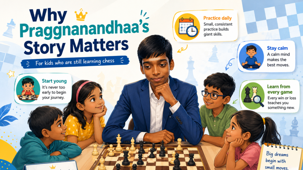 R Praggnanandhaa’s story is powerful because it feels big, but it also feels close. He is a world-class chess player now, yet his path started the same way many kids start. A small child sits in front of a board. The pieces look fun.