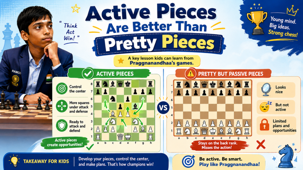 Many young players love to keep pieces safe. They do not want to lose a bishop, knight, rook, or queen, so they move pieces backward and hide. But chess is not won by owning pieces. Chess is won by using them.