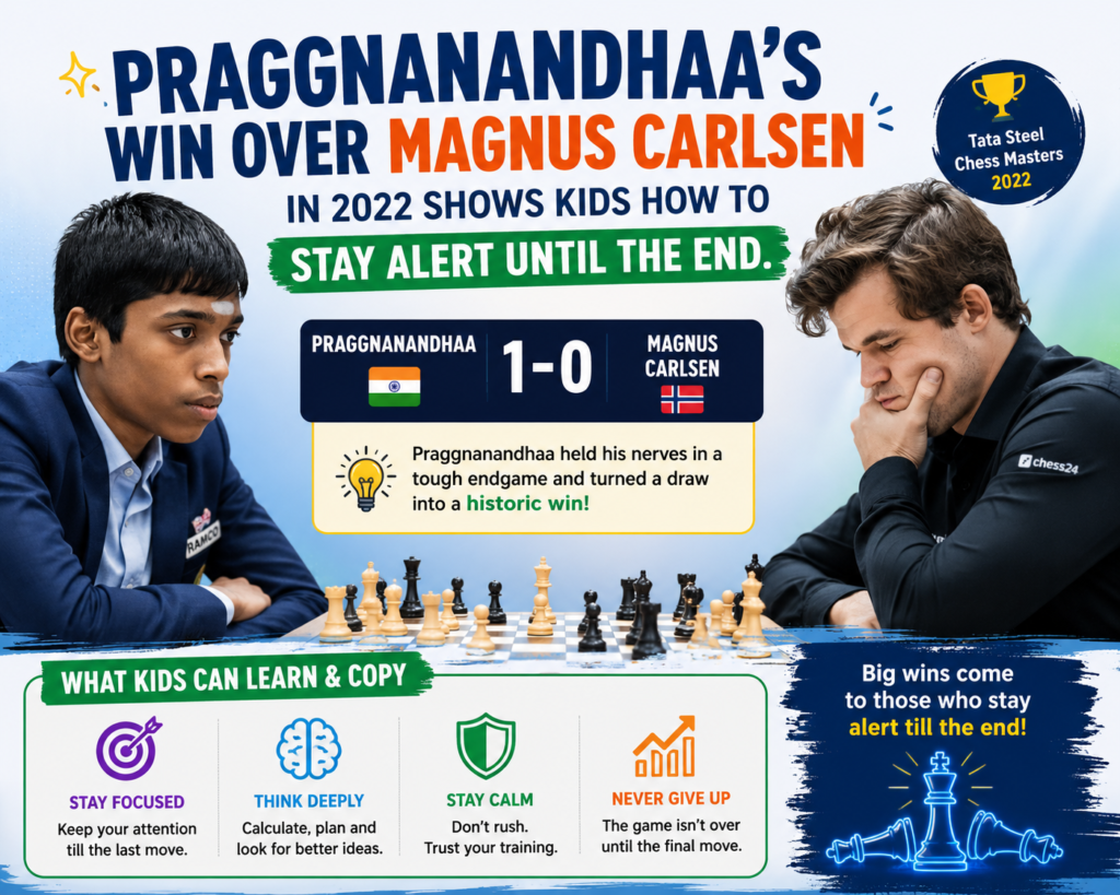 Praggnanandhaa’s 2022 rapid win over Magnus Carlsen is one of the games that made the whole chess world stop and look. He was 16 years old, playing in the Airthings Masters, and he beat Carlsen with the black pieces.