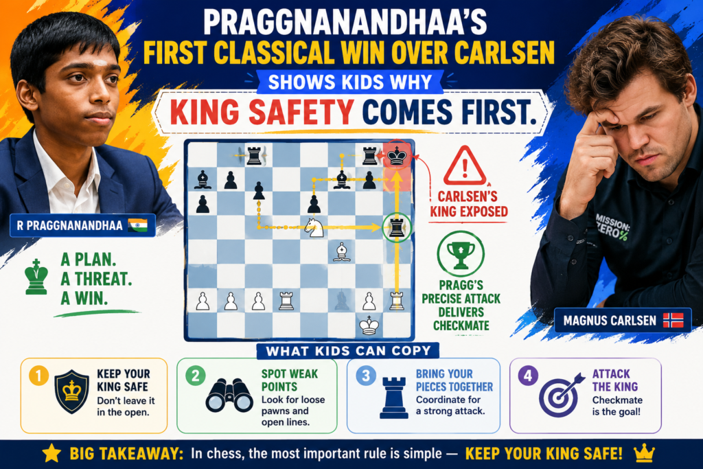 In 2024, Praggnanandhaa beat Magnus Carlsen in classical chess for the first time at Norway Chess. This was not a quick online game. It was a serious over-the-board classical game. Chess.com reported that Pragg became the leader after this round, and that Carlsen’s risky play backfired because his king never found a safe home.