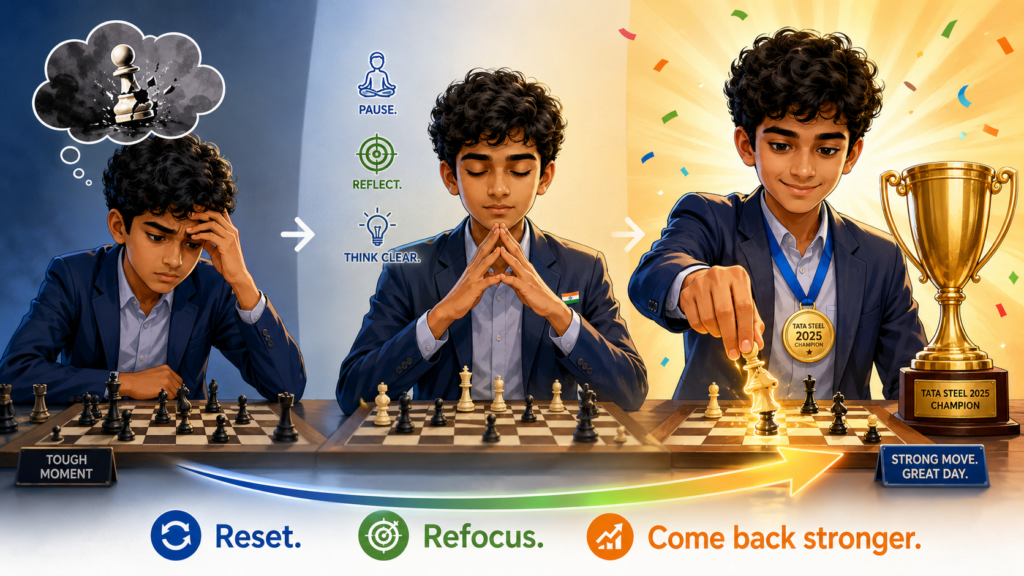 In 2025, Praggnanandhaa won the Tata Steel Chess Masters after a dramatic finish against Gukesh. Chess.com reported that both leaders lost their final classical games, and then Pragg lost the first blitz playoff game before winning the next two to take the title. This is one of the clearest examples of his fighting spirit.