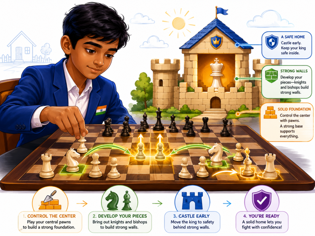 He treats it like building a strong home. He brings pieces out, keeps the king safe, fights for the center, and waits for the right time to push. That sounds basic, but basic things done well are often what separate strong players from careless players.