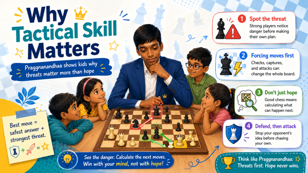Praggnanandhaa is not only calm. He is also sharp. When a tactic appears, he can strike fast. But here is the part kids must understand. Tactics do not appear by magic. They appear because the pieces are placed well, the king is under pressure, and one side has loose pieces or weak squares.