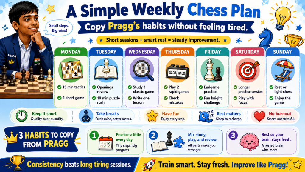 A child does not need to train like a full-time Grandmaster to grow in chess. That is not the goal. Praggnanandhaa became a Grandmaster very young, and FIDE lists his Grandmaster title decision in 2018, but most children are not trying to live the same life.