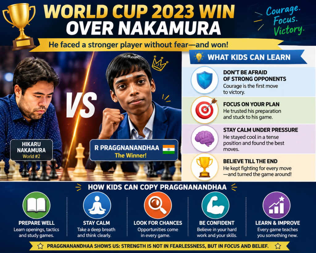 In the 2023 FIDE World Cup, Praggnanandhaa knocked out Hikaru Nakamura in the fourth-round tiebreaks. Chess.com described Nakamura as the second seed and reported that Pragg’s win removed one of the biggest names from the event.