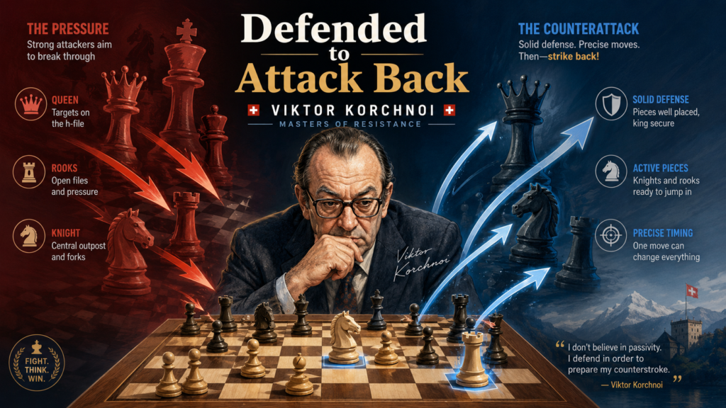 Many players defend because they are scared. Korchnoi defended because he was waiting. That is a huge difference. In many of his games, he allowed his opponent to come forward, use energy, take space, and feel confident.