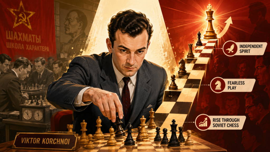 The Soviet chess world was packed with strong players. Winning there was like climbing a mountain with other climbers already above you. Korchnoi still rose. Britannica records that he became a Soviet master in 1951, an international master in 1954, and an international grandmaster in 1956.