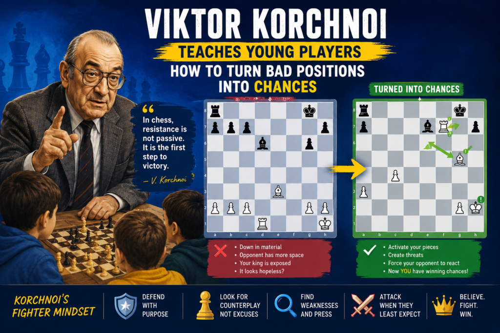 A lot of children think a bad position means the game is almost over. They lose a pawn and feel sad. Their king comes under attack and they freeze. Their pieces get pushed back and they start making fast moves.