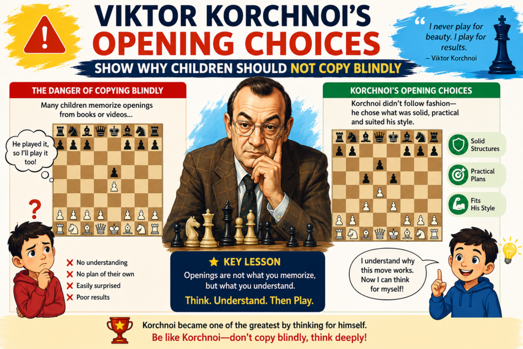 Many kids want to copy famous players. That is normal. They see a great player use an opening and think, “I should play that too.” But Korchnoi teaches a smarter lesson. He did not play openings only because they were popular. He played them because they led to positions where he could fight.
