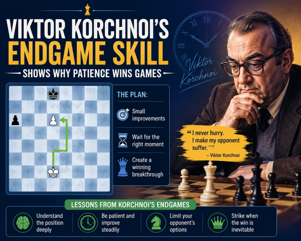 Many children love the opening and middle game because that is where the action starts. They enjoy attacks, traps, and quick wins. But many games are decided much later. A small edge can turn into a win only if the player knows how to stay patient. This is another place where Korchnoi is a great model.
