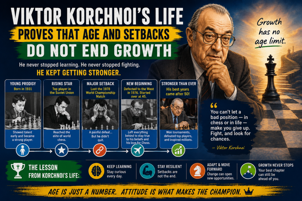 Korchnoi kept fighting across generations. He faced players who were older than him, players from his own era, and players much younger than him. He did not see age as a reason to stop learning.