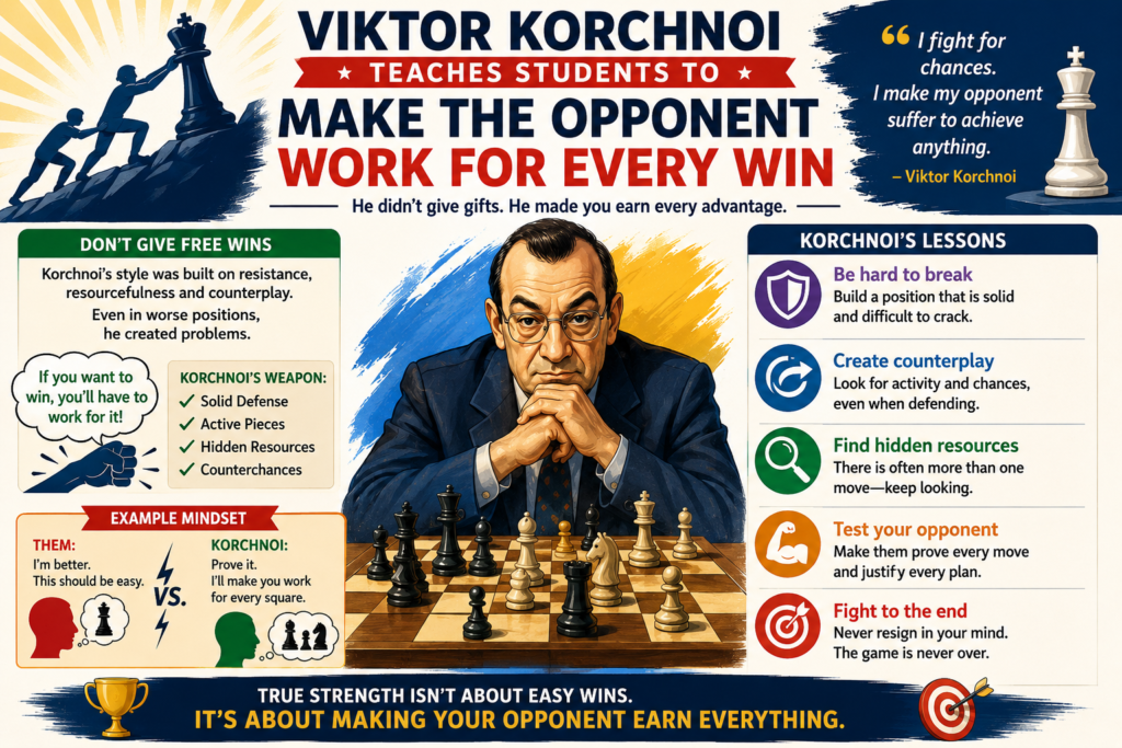 One of the most useful things a child can learn from Viktor Korchnoi is this: do not make winning easy for the other side. Many young players lose a pawn, feel upset, and then make three more weak moves.