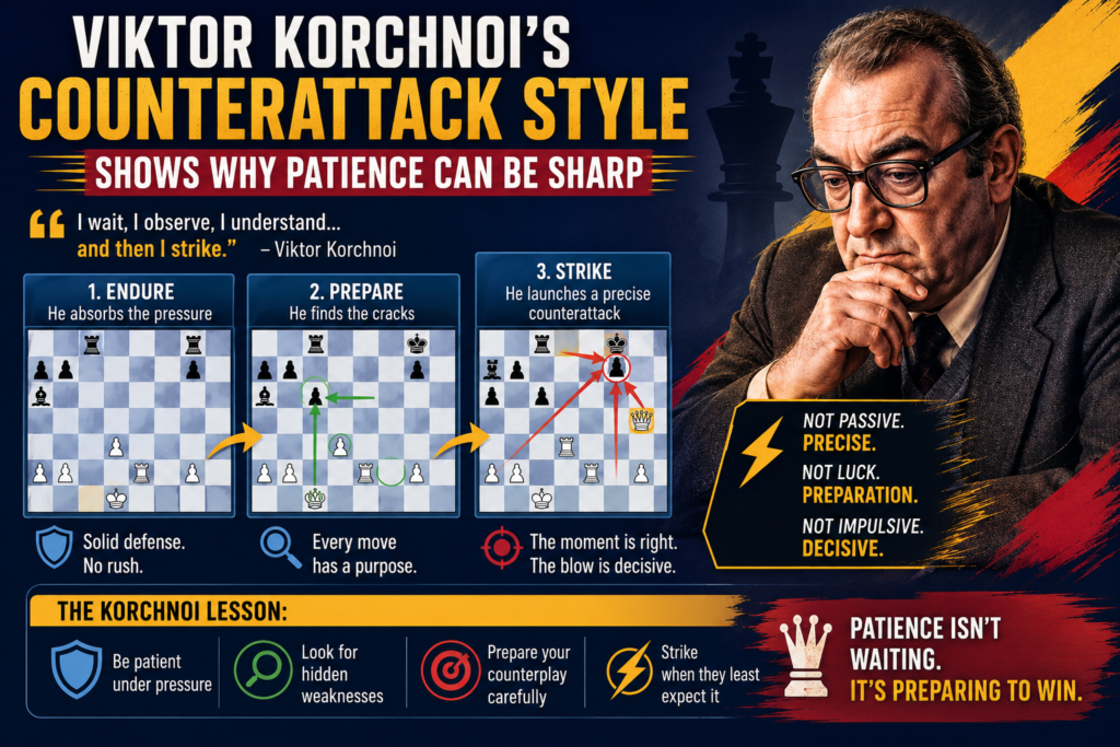 Many people think an attacking player must always move forward. Korchnoi proved something deeper. Sometimes the strongest attack begins with patience. He could wait, defend, improve his pieces, and let the opponent become too bold. Then, when the position changed, he would strike.