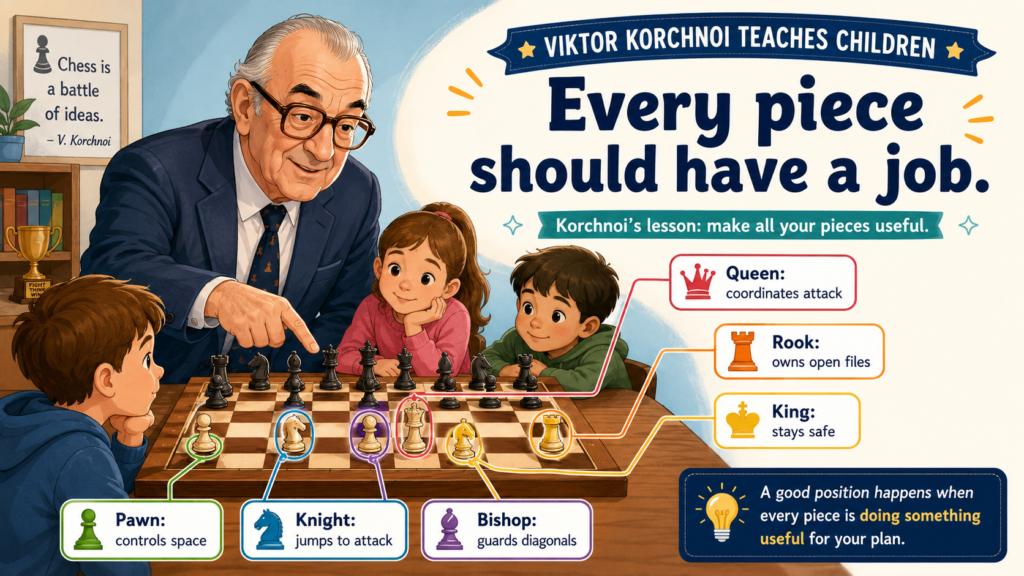 A good chess player does not move pieces just because they can. Each move should have a reason. Viktor Korchnoi understood this deeply. His pieces often looked like workers in a strong team.