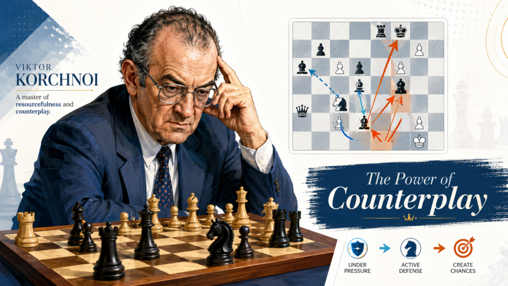 Counterplay is one of the most important ideas in chess, but it can be explained in simple words. It means you create your own chances instead of only answering your opponent’s threats. Viktor Korchnoi was a master of this.