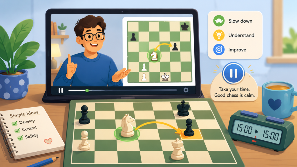 A beginner does not need the loudest chess video. A beginner needs a teacher who helps them see the board clearly. That means the teacher should explain why a move is good, why another move is risky, and what the player should notice before touching a piece.