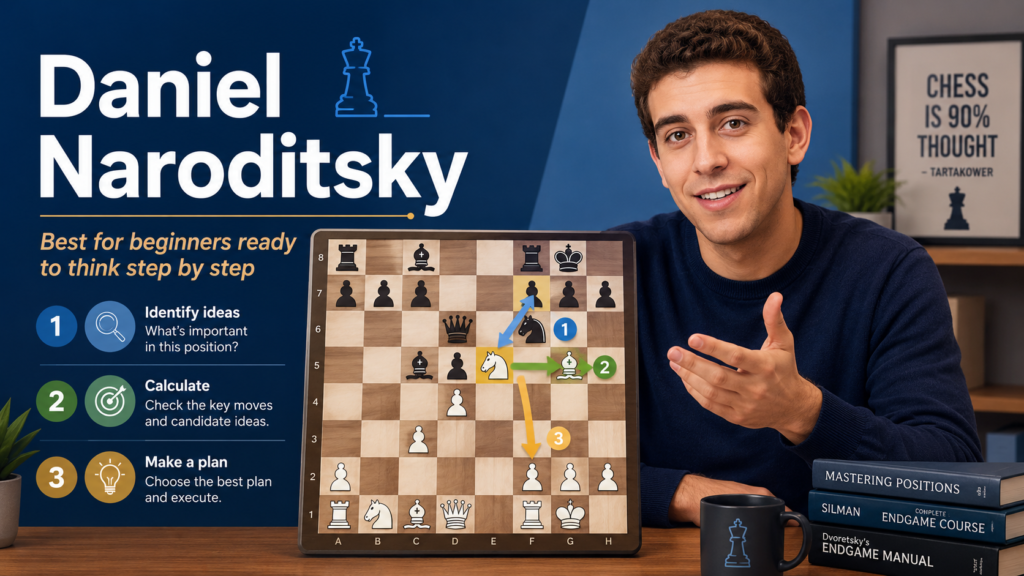 Daniel Naroditsky is a grandmaster and a full-time chess coach and streamer. His YouTube channel has many teaching playlists, including speedrun series, opening lessons, endgame videos, master class content, and game analysis.
