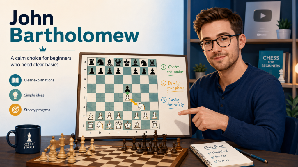 John Bartholomew is known for a calm and steady teaching style. His YouTube channel includes playlists such as Chess Fundamentals, Climbing the Rating Ladder, tactics training, endgames, and longer standard games. This makes his channel a strong choice for beginners who need less noise and more structure.